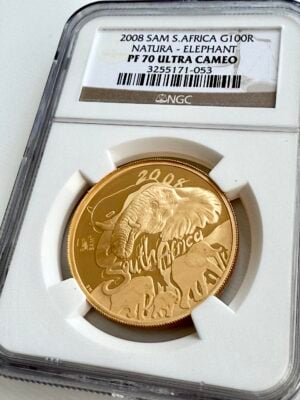 South Africa 2008 Natura Elefant Privy Mark SAM 100 Rand 1oz Gold Proof NGC PF70 UCAM