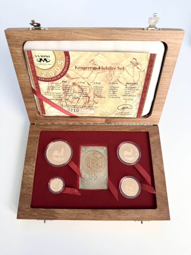 Krugerrand del Sud Africa del 2005, 25 anni, set prestigioso per il Giubileo d'argento, 1,85 oz, oro Proof, con scatola e certificato