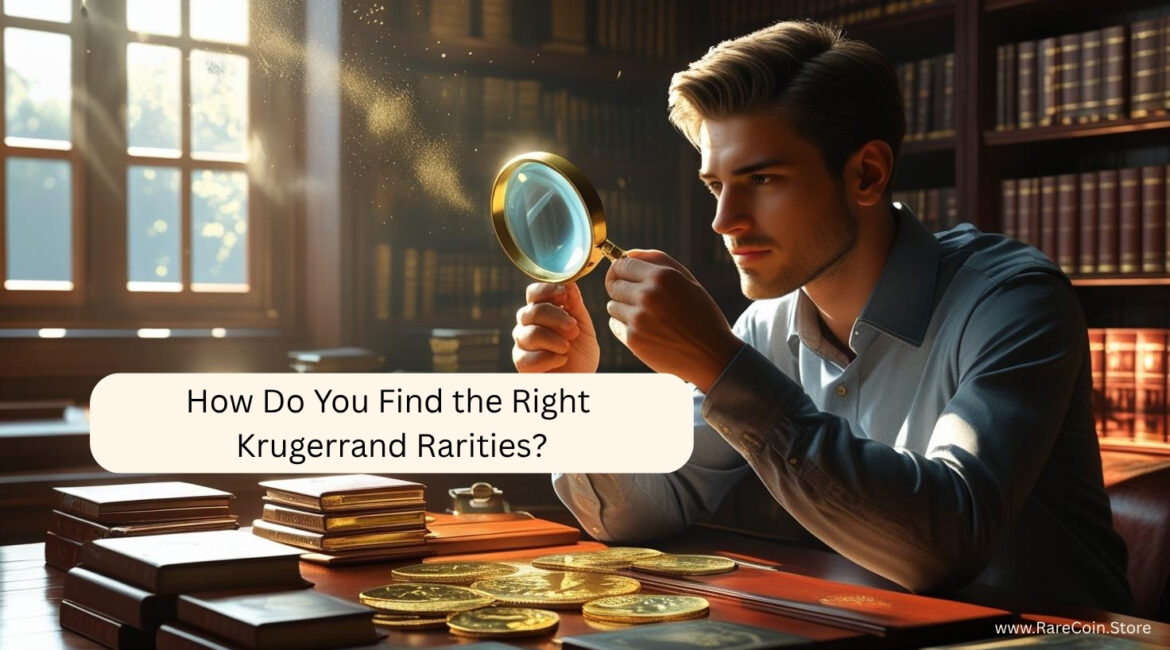 Man examining Krugerrand gold coins with magnifying glass in a library – exploring rare South African numismatic editions
