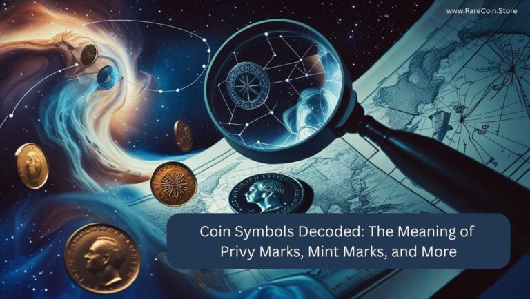 Illustration verschiedener Goldmünzen mit Lupe, Sternenkonstellationen und Weltkarte im Hintergrund – Symbolik für Münzzeichen wie Privy Marks und Mint Marks.
