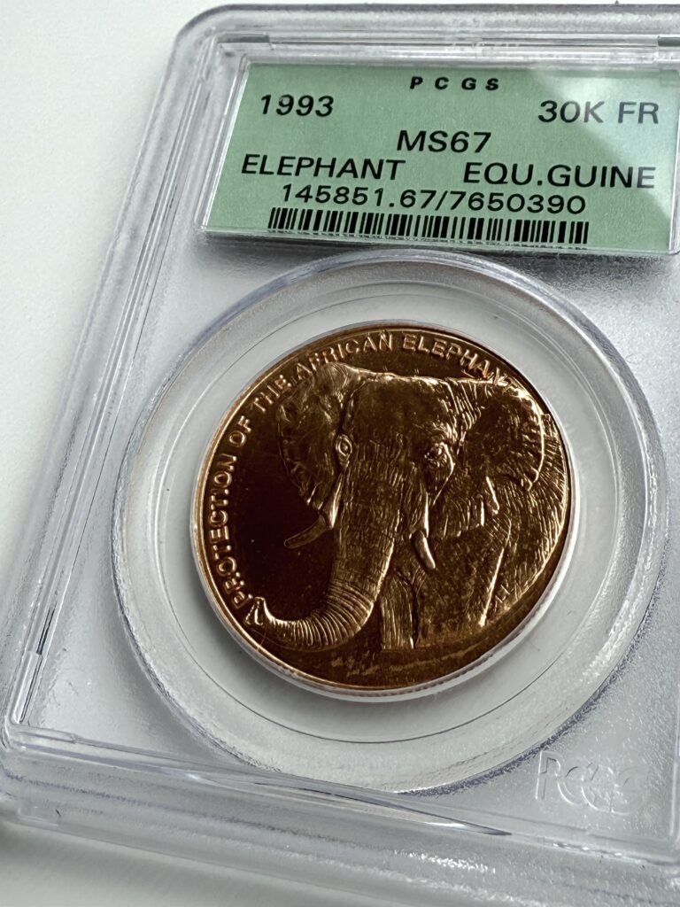 Moneta d'oro Guinea Equatoriale 1993 – 3000 franchi – Elefante africano – PCGS MS67