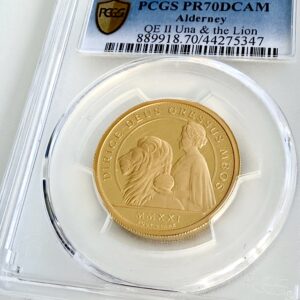 Alderney 2021 Reina Una y el León 1 oz Oro Proof PCGS PR70 DCAM