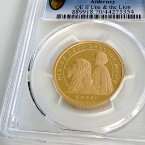 Alderney 2021 Reina Una y el León 1 oz Oro Proof PCGS PR70 DCAM