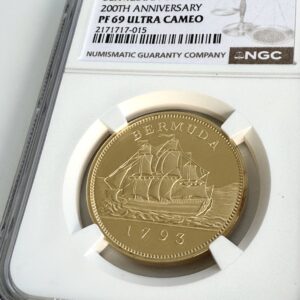 Goldmünze Bermuda 1993, 200 Dollar, 200 Jahre Bermudian Coinage, NGC PF69 Ultra Cameo in Kapsel.