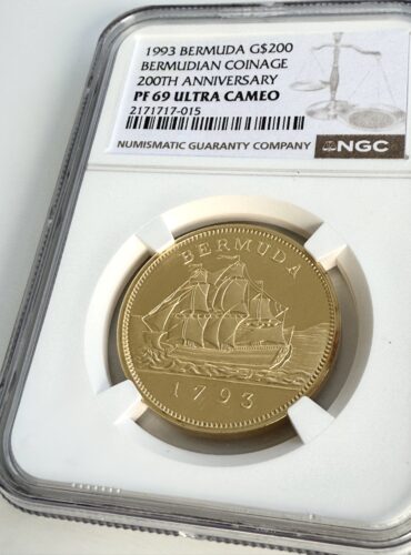 Moneda de oro de 200 dólares de Bermudas 1993, 200 años de acuñación de monedas de Bermudas, NGC PF69 Ultra Cameo en cápsula.