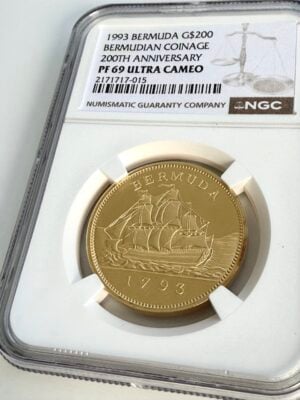 1993年百慕大金币,200美元,200年百慕大硬币,NGC PF69 Ultra Cameo胶囊。