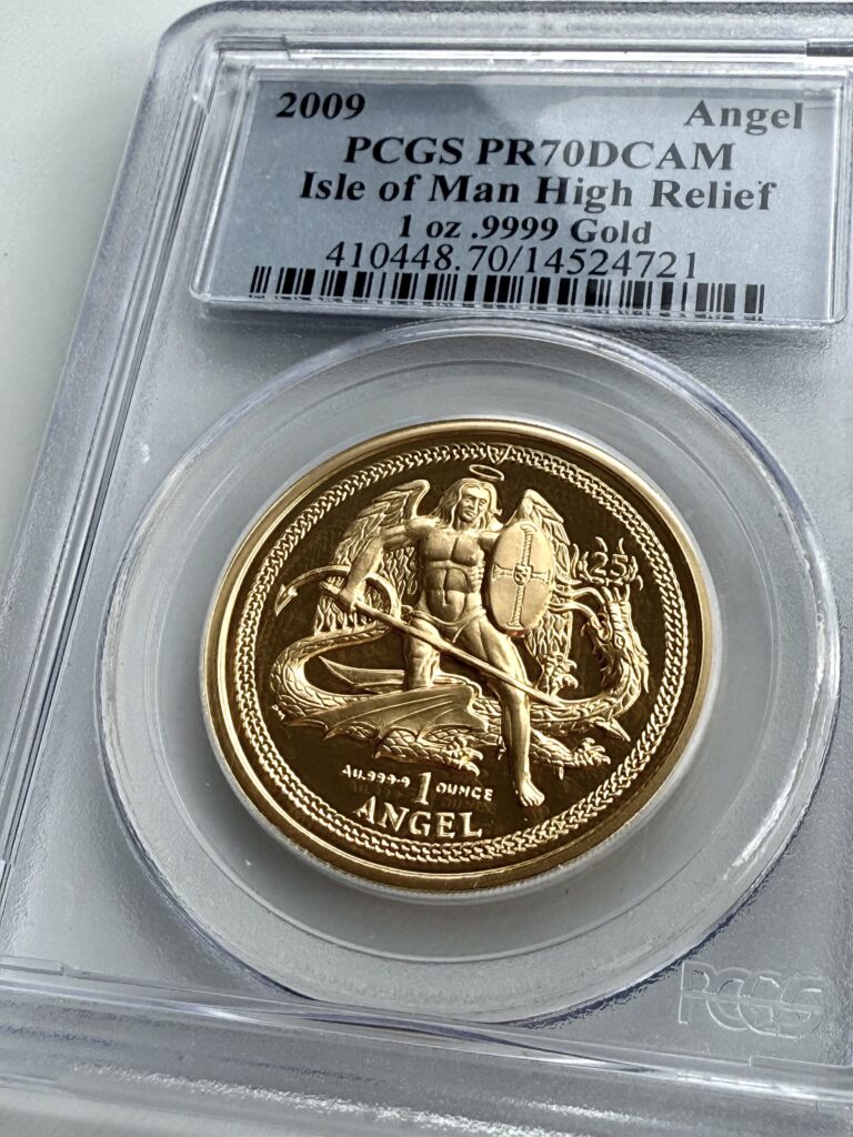 Moneta d'oro Angel 2009 – Isola di Man – 25° anniversario – 1 oz Proof – PCGS PR70 DCAM – Altorilievo con marchio privato