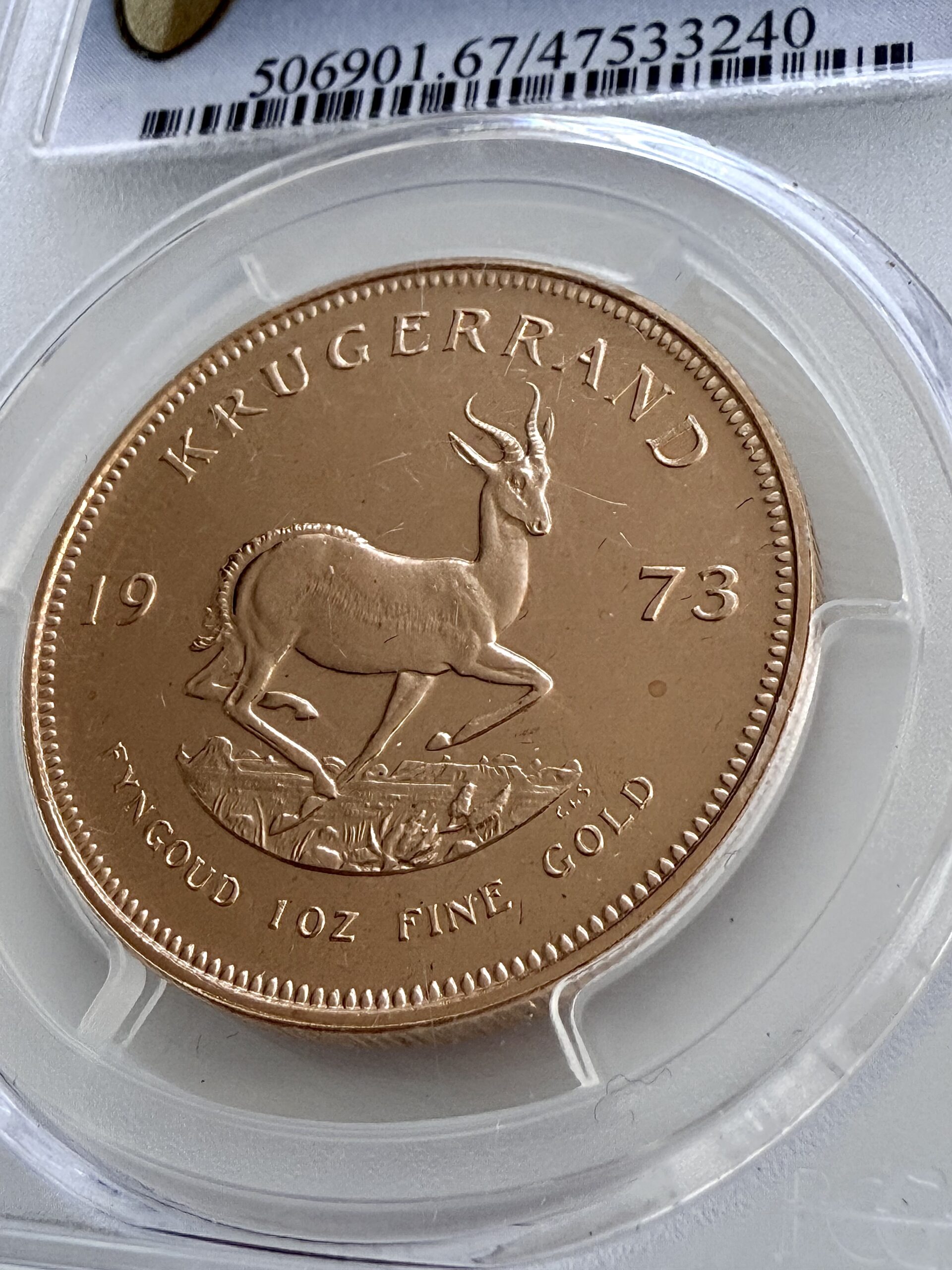 kruegerrand–1973–1oz-gold-pcgs-pr67-cam_3 Krugerrand 1973 1 oz Goldmünze in Proof, PCGS PR67 CAM – zertifizierte südafrikanische Sammlermünze mit klassischem Springbock-Design
