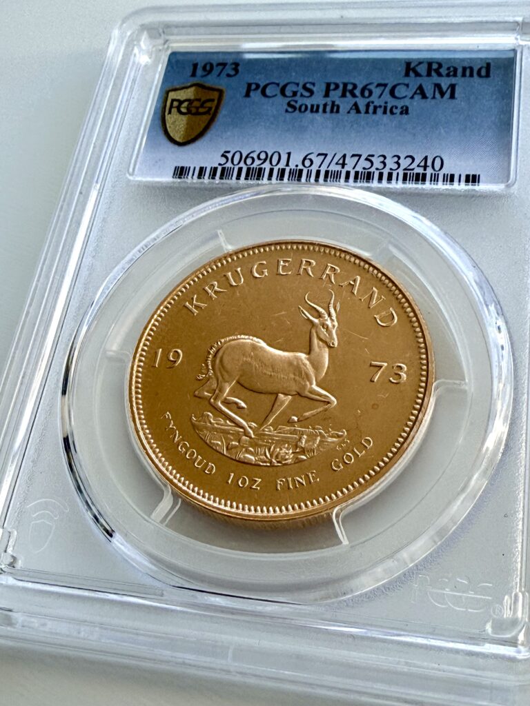 Krugerrand 1973 1 oz Proof Gold Coin, PCGS PR67 CAM – Historic South African Collector's Coin with Paul Kruger Motif