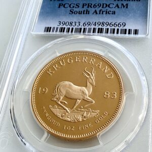Золотая монета «Крюгерранд» 1983 года, 1 унция, качество «пруф», PCGS PR69 DCAM – южноафриканская коллекционная монета с отделкой «пруф» и изображением антилопы