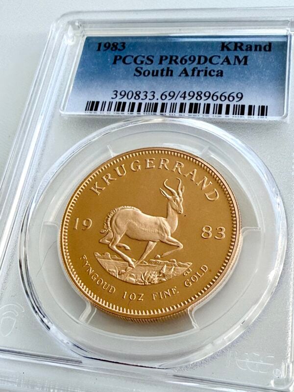 Krugerrand 1983 1 oz Goldmünze in Proof-Qualität, PCGS PR69 DCAM – südafrikanische Sammlermünze mit Spiegelglanz und Antilopenmotiv