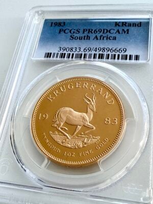 Krugerrand 1983 1 oz Proof Gold Coin, PCGS PR69 DCAM – South African collector coin with proof finish and antelope motif