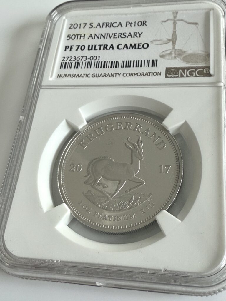 Krugerrand Platinum Proof 2017 – 1 oz con classificazione NGC PF70 UCAM – prima emissione in platino per commemorare il 50° anniversario della serie
