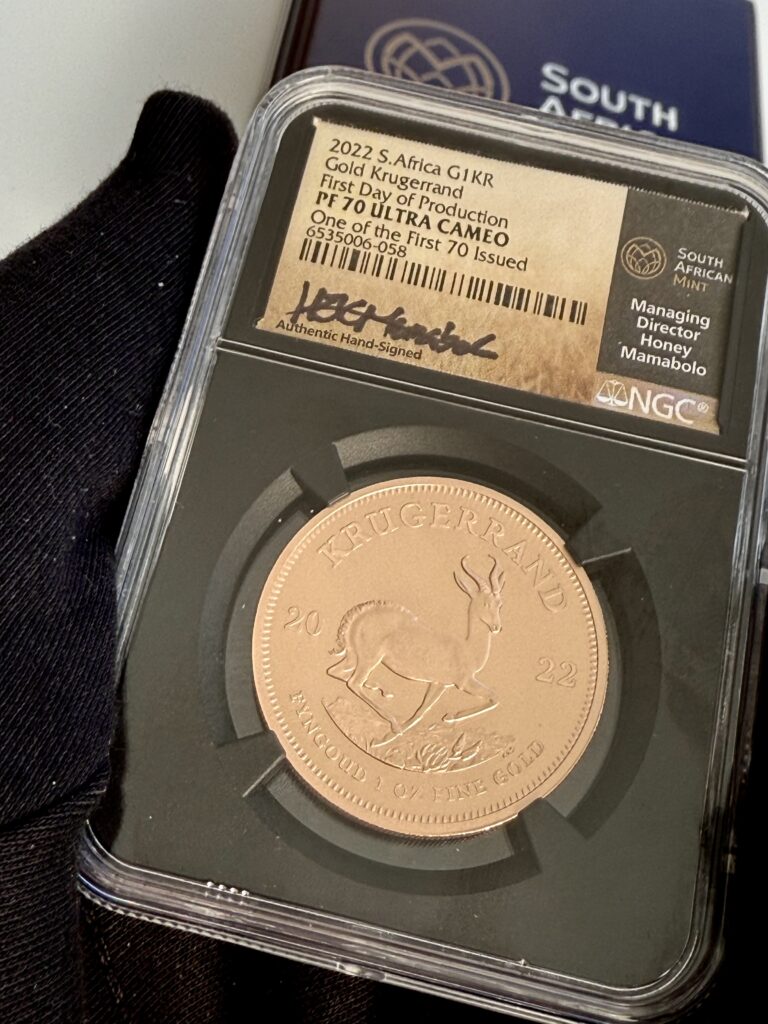 Krugerrand del Sud Africa 2022 da 1 oz in oro Proof NGC PF70 Ultra Cameo con certificato n. 063