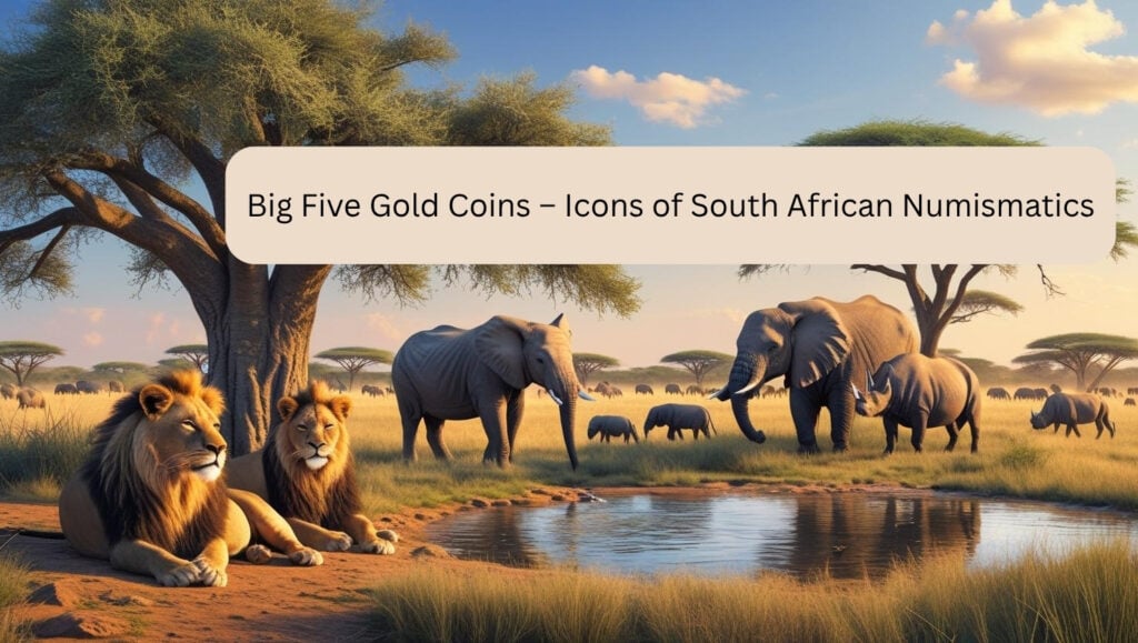 Löwen, Elefanten und Nashörner an einer Wasserstelle in der afrikanischen Savanne – Darstellung der Big Five