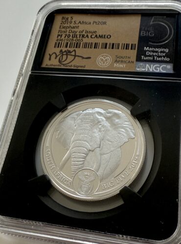 2019 Sudafrica Big Five Elephant 1 oz Platinum Proof – NGC PF70 Ultra Cameo, primo giorno di emissione