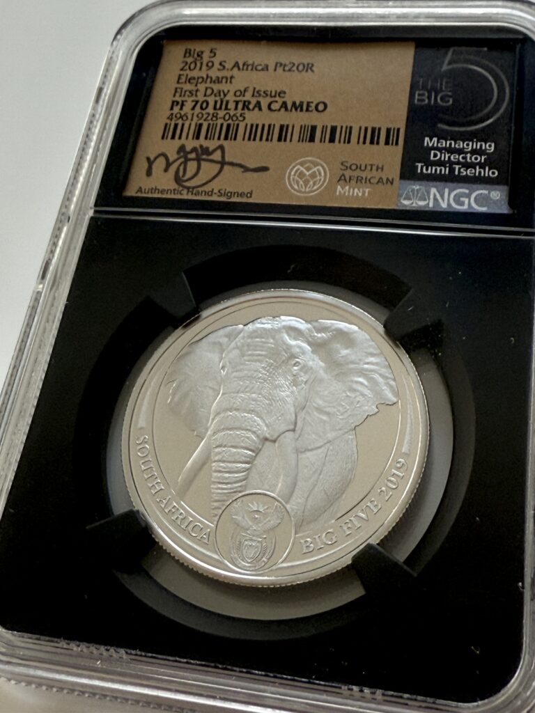 2019 Südafrika Big Five Elefant 1 oz Platin Proof – NGC PF70 Ultra Cameo, First Day of Issue