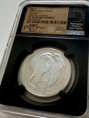 2019年南非五巨头大象1盎司铂金精铸币 – NGC PF70 Ultra Cameo,首日发行