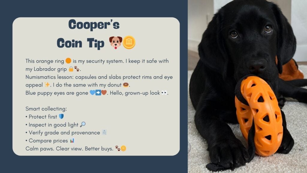 Cooper mit orangefarbenem Ring am Maul im Haus. Analogie zu Münzen kapseln zum Schutz von Rand und Eye Appeal.