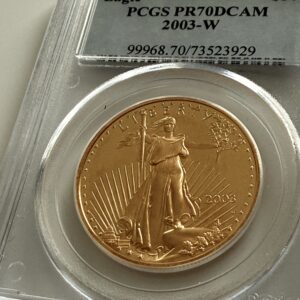 USA 2003-W American Gold Eagle 1 oz Proof in PCGS slab PR70DCAM; obverse with standing Saint-Gaudens Liberty, label at top with $50 and certificate number 99968.70/73523929.