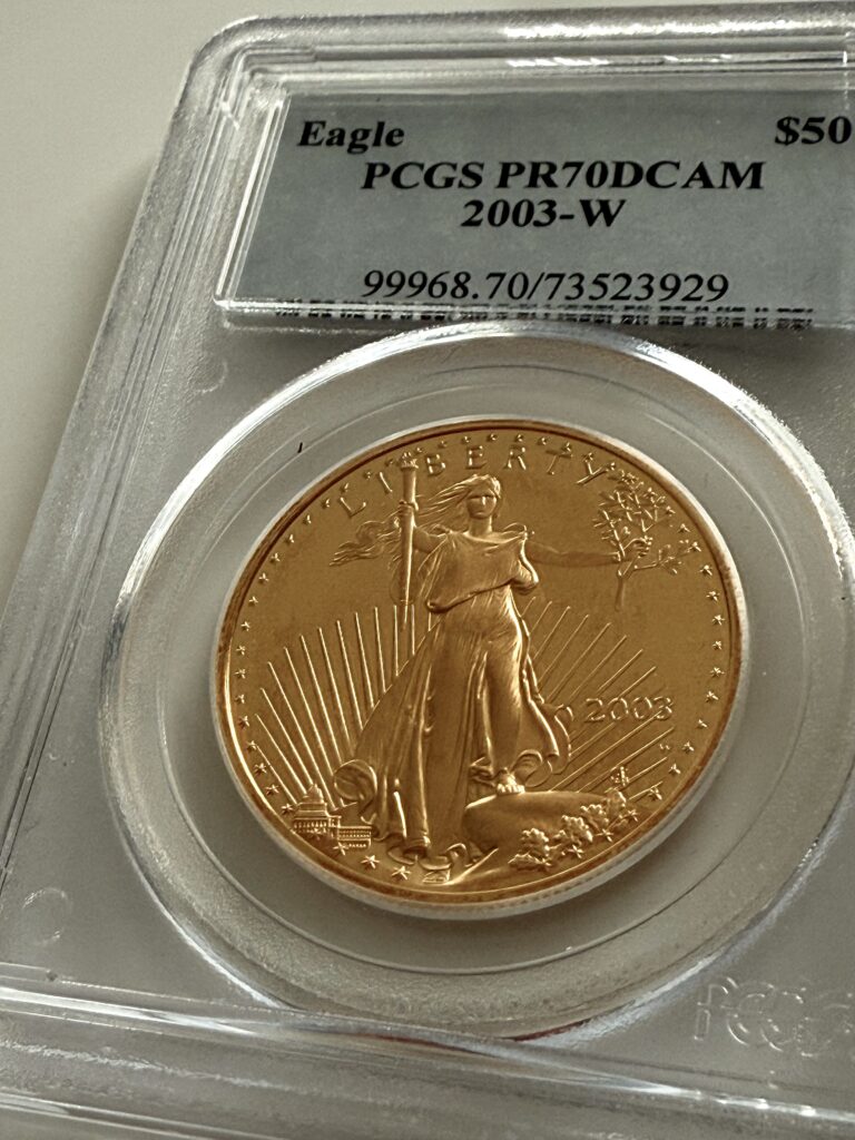 USA 2003-W American Gold Eagle 1 oz Proof in PCGS slab PR70DCAM; obverse with standing Saint-Gaudens Liberty, label at top with $50 and certificate number 99968.70/73523929.
