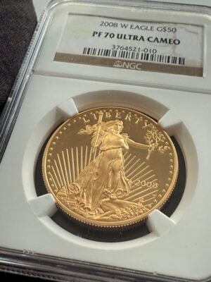 USA 2008 American Gold Eagle 1 oz Proof in NGC slab PF70 UCAM; reverse with eagle family (flying eagle with olive branch over nest), inscription "UNITED STATES OF AMERICA – 1 OZ. FINE GOLD – 50 DOLLARS."
