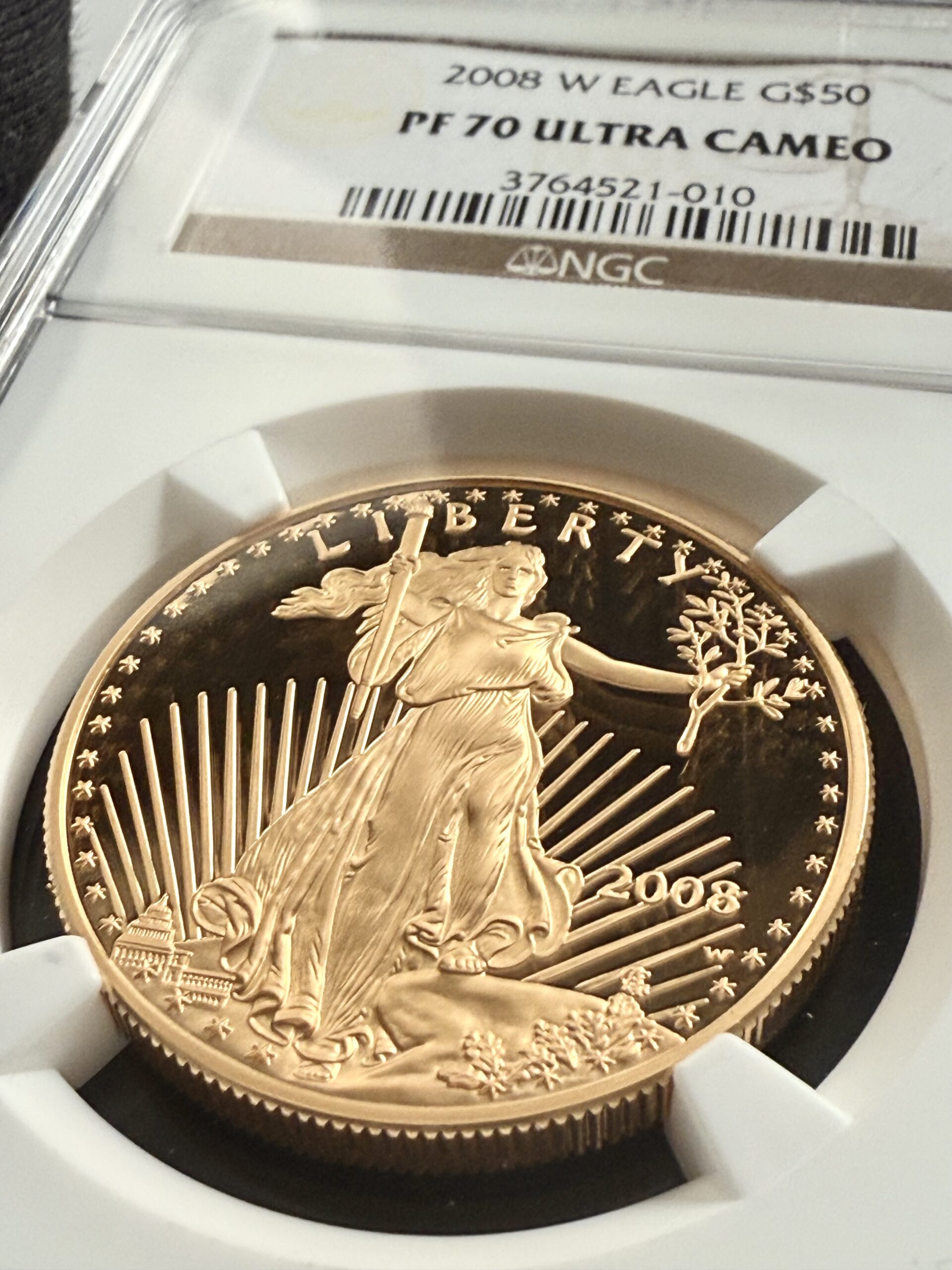 american-eagle-gold-proof-2008-50-us-dollar-1oz-gold-proof-ngc-pf70-ucam_5 USA 2008 American Gold Eagle 1 oz Proof im NGC-Slab PF70 UCAM; Rückseite mit Adlerfamilie (fliegender Adler mit Olivenzweig über Nest), Umschrift „UNITED STATES OF AMERICA – 1 OZ. FINE GOLD – 50 DOLLARS“.
