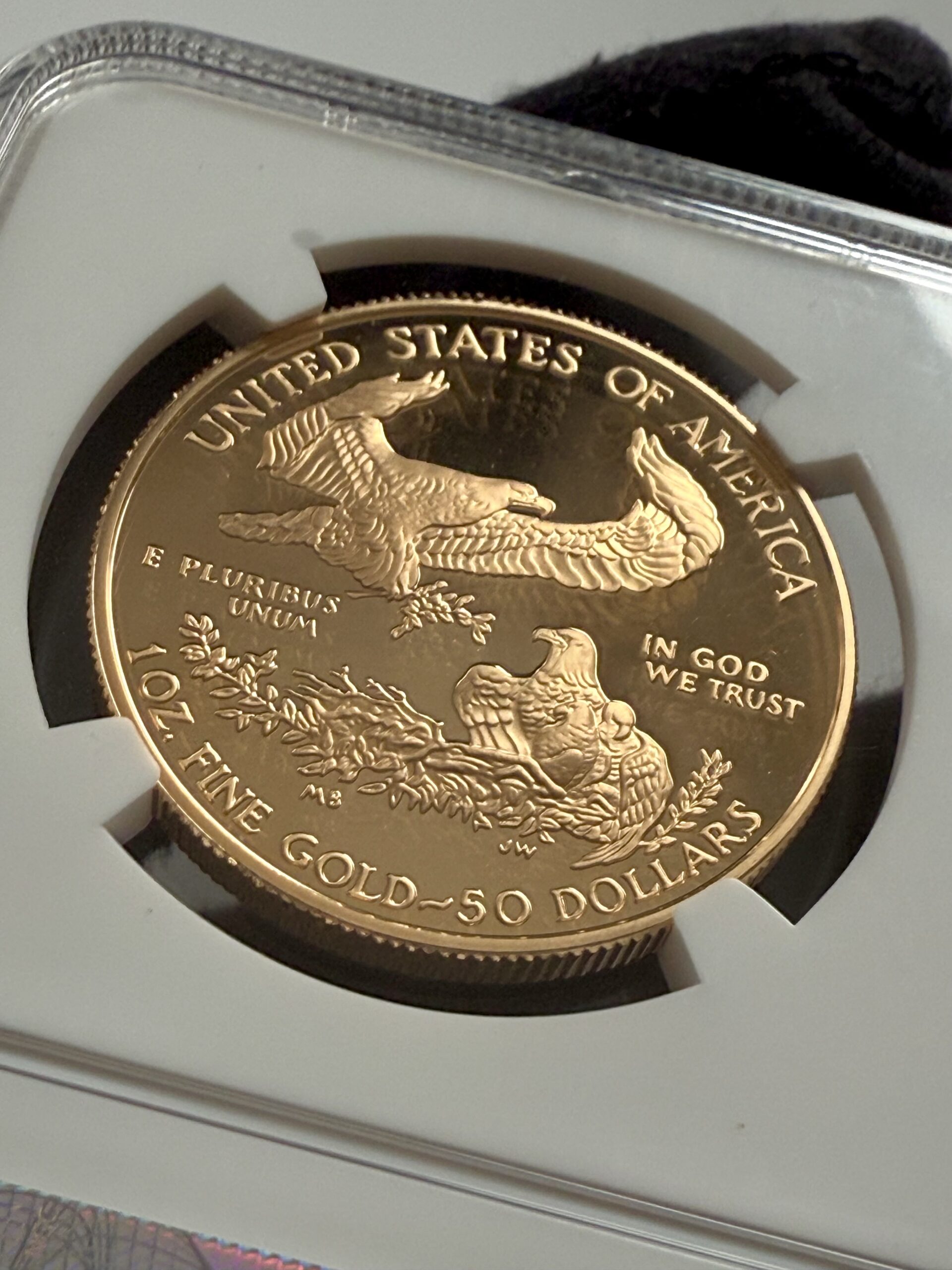 american-eagle-gold-proof-2008-50-us-dollar-1oz-gold-proof-ngc-pf70-ucam_6 USA 2008 American Gold Eagle 1 oz Proof im NGC-Slab PF70 UCAM; Rückseite mit Adlerfamilie (fliegender Adler mit Olivenzweig über Nest), Umschrift „UNITED STATES OF AMERICA – 1 OZ. FINE GOLD – 50 DOLLARS“.
