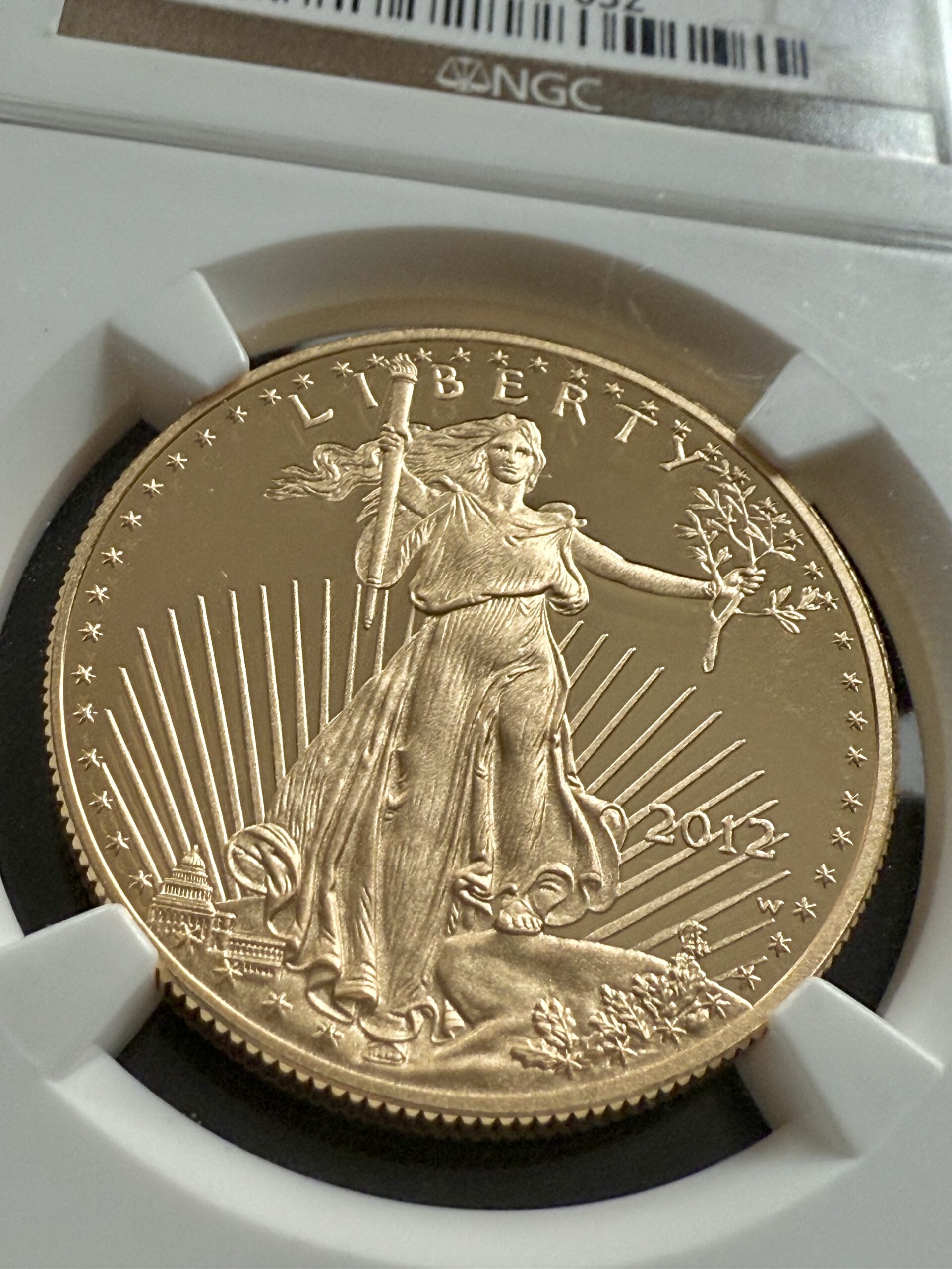 american-eagle-gold-proof-2012-50-us-dollar-1oz-gold-proof-ngc-pf70-ucam_3 USA 2012 American Gold Eagle 1 oz Proof im NGC-Slab PF70 UCAM; Schrägaufnahme der Rückseite mit Adlerfamilie und unten sichtbarem NGC-Hologramm.