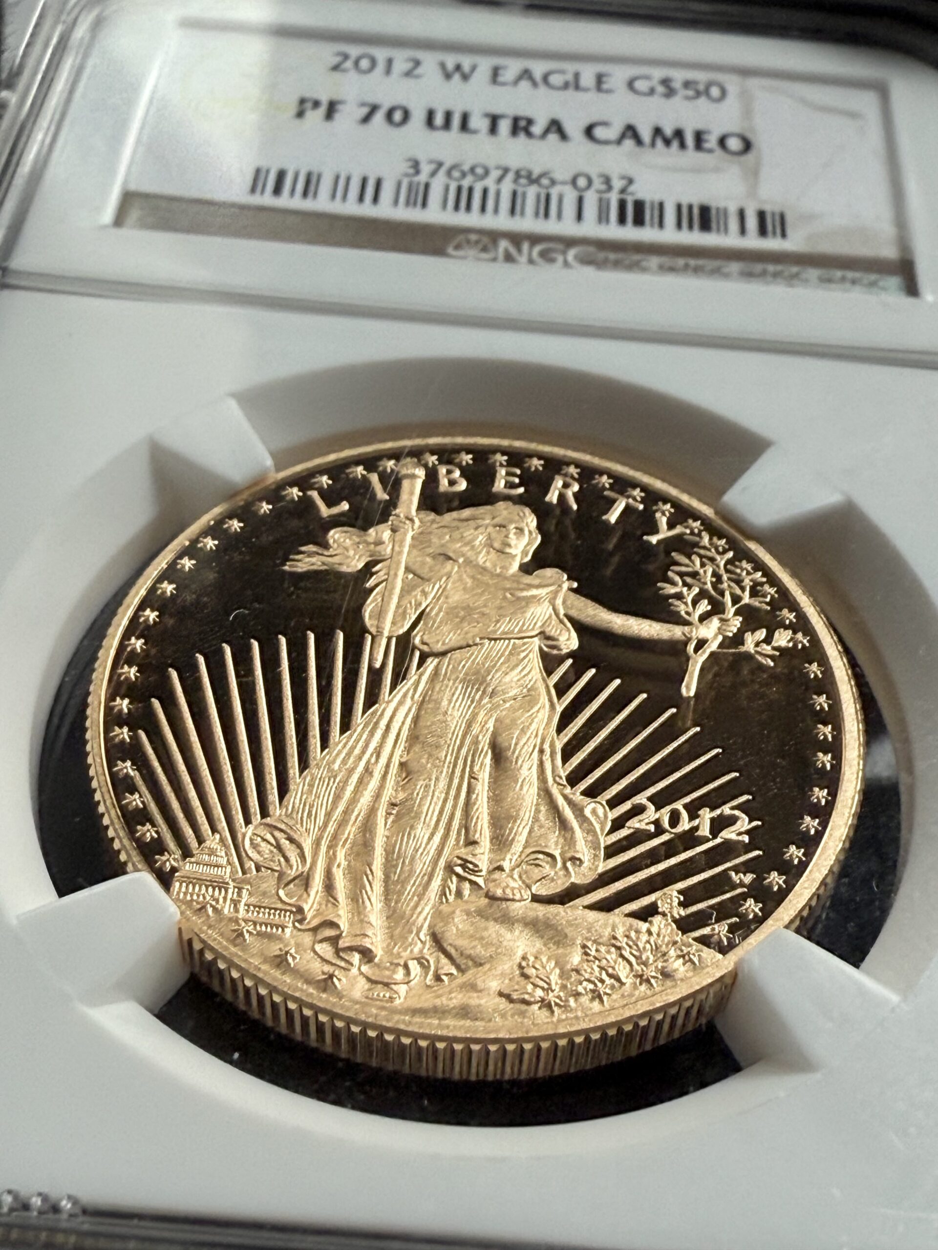 american-eagle-gold-proof-2012-50-us-dollar-1oz-gold-proof-ngc-pf70-ucam_5 USA 2012 American Gold Eagle 1 oz Proof im NGC-Slab PF70 UCAM; Schrägaufnahme der Rückseite mit Adlerfamilie und unten sichtbarem NGC-Hologramm.