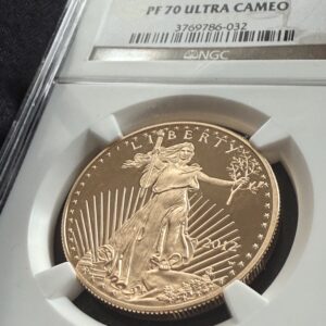 USA 2012 American Gold Eagle 1 oz Proof in NGC slab PF70 UCAM; oblique view of the reverse with eagle family and NGC hologram visible at the bottom.