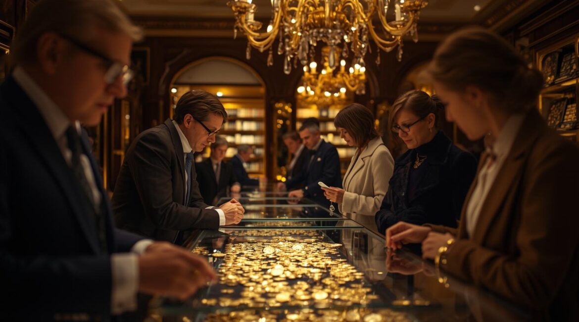 Elegantes Münzgeschäft mit Goldmünzen in Glasvitrinen; rechts prüft ein Händler eine Münze, links betrachtet ein Kundenpaar ein Tablet; warmes Licht, Holzvitrinen, Marmorboden.