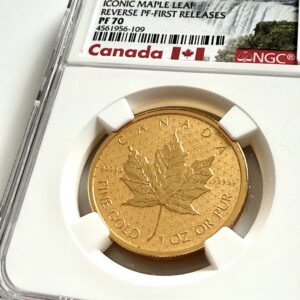 Kanada 2017 $200 Gold „150 Iconic Maple Leaf“ 1 oz Reverse Proof im NGC-Holder; Avers mit Porträt Queen Elizabeth II und Mikrotext-Muster „150“, Jahreszahl 2017.