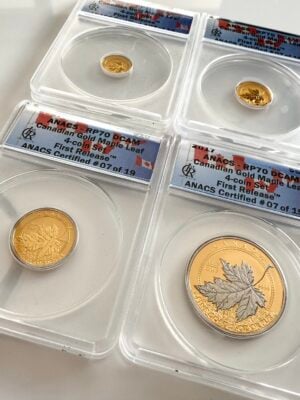 Kanada 2017 Maple Leaf Gold Fractional Set in ANACS-Halterungen; vier Goldmünzen in unterschiedlichen Größen, Label mit „First Release“ und „RP70 DCAM“.
