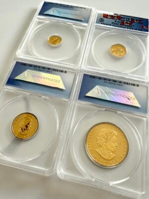 canada-2017-maple-leaf-fractional-set-first-release-anacs-rp70-dcam_7 Canada 2017 Maple Leaf Gold Fractional Set in ANACS mounts; four gold coins in different sizes, labeled "First Release" and "RP70 DCAM."