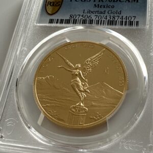 Мексика, 2019 Libertad 1 Onza Gold Proof в плите PCGS PR70DCAM; Фронт с Викторией (Анхель де ла Индепенденсия) перед Попокатепетлем и Истаксиуатлем.
