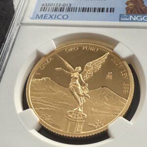 墨西哥 2019 年 Libertad 1 Onza 金精制 PCGS 板坯PR70DCAM;正面是维多利亚 （Ángel de la Independencia） 在 Popocatépetl 和 Iztaccíhuatl 前面。