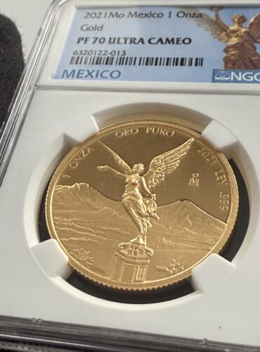 Мексика, 2019 Libertad 1 Onza Gold Proof в плите PCGS PR70DCAM; Фронт с Викторией (Анхель де ла Индепенденсия) перед Попокатепетлем и Истаксиуатлем.