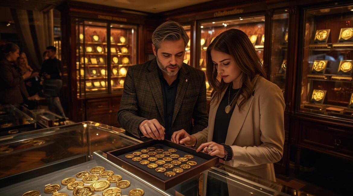 Elegantes Münzgeschäft mit Goldmünzen in Glasvitrinen; rechts prüft ein Händler eine Münze, links betrachtet ein Kundenpaar ein Tablet; warmes Licht, Holzvitrinen, Marmorboden.