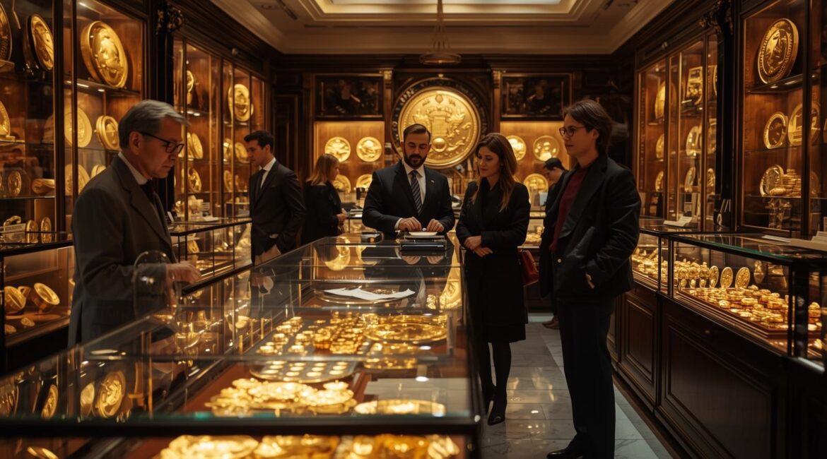 Elegantes Münzgeschäft mit Goldmünzen in Glasvitrinen; rechts prüft ein Händler eine Münze, links betrachtet ein Kundenpaar ein Tablet; warmes Licht, Holzvitrinen, Marmorboden.