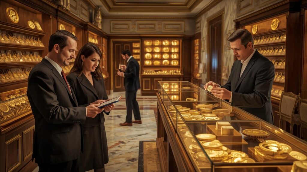 Elegant coin shop with gold coins in glass display cases; on the right, a dealer examines a coin; on the left, a pair of customers examines a tablet; warm lighting, wooden display cases, marble floor.