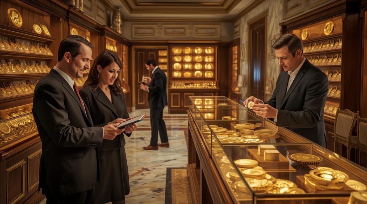 Elegantes Münzgeschäft mit Goldmünzen in Glasvitrinen; rechts prüft ein Händler eine Münze, links betrachtet ein Kundenpaar ein Tablet; warmes Licht, Holzvitrinen, Marmorboden.