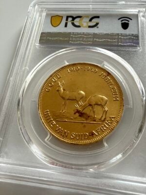 南非-1960-矿业商会-金禧-1盎司-金-PCGS-ms67_2 南非 1960 年矿业商会“Goue Jubileum”1 盎司 PCGS 板金币;背面有两只跳羚和铭文“GOUE 1910–1960 JUBILEUM – UNIE VAN SUID-AFRIKA”。