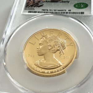 USA 2017 American Liberty 1 oz Gold, $100, Proof; reverse with flying eagle, legends “UNITED STATES OF AMERICA”, “E PLURIBUS UNUM”, below “100 DOLLARS”; left “1 OZ .9999 FINE GOLD”, W mint mark.