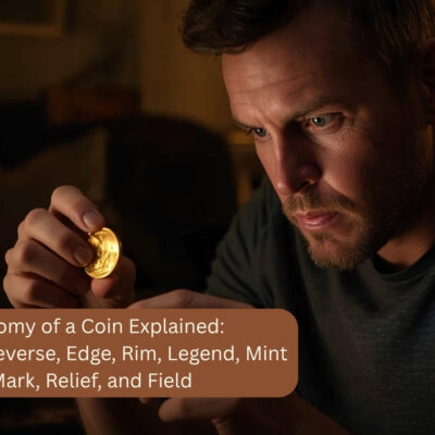 Parti di una moneta spiegate: dritto, rovescio, bordo, barra del bordo, legenda, segno di zecca, rilievo e campo