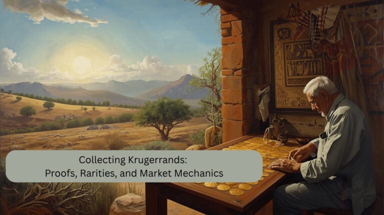 An elderly collector arranges Krugerrand gold coins on a wooden table in a rustic cabin, while outside a vast South African landscape bathes in warm sunlight.