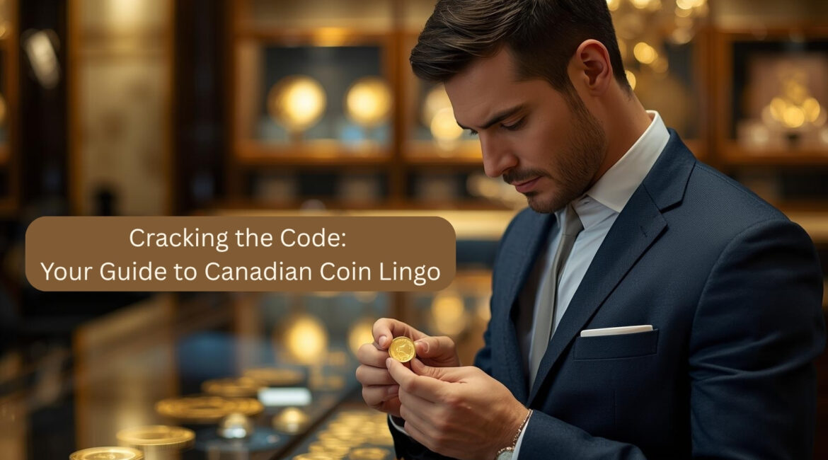 A collector in a suit examines a gold coin in an upscale coin shop; text panel reads "Cracking the Code – Guide to Canadian Coin Lingo."