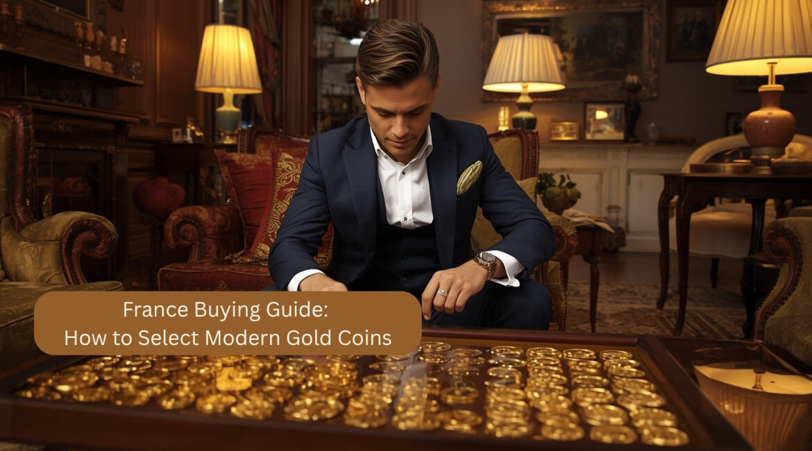 Un elegante collezionista in un salone classico esamina un vassoio con molte monete d'oro moderne per una consulenza d'acquisto in Francia