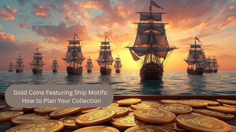 Fleet of historic sailing ships at sunset on calm seas, several gold coins lying on a deck in the foreground - symbolic image for gold coins with ship motifs
