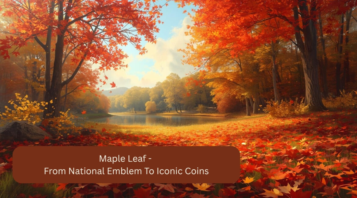 Foresta di aceri autunnali in riva al lago con foglie rosse che cadono: immagine simbolica della foglia d'acero canadese, della bandiera e delle monete Maple Leaf della Royal Canadian Mint.